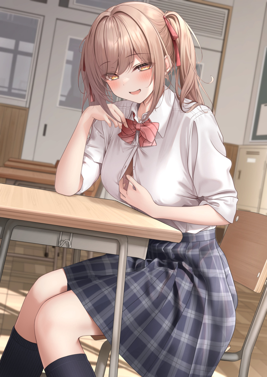 1girl black_socks blush bow bowtie breasts brown_eyes brown_hair button_gap chair classroom collared_shirt commentary_request desk hair_ornament hair_ribbon highres indoors kneehighs large_breasts long_hair looking_at_viewer monaka_curl open_mouth original red_bow red_bowtie red_ribbon ribbon shirt shirt_tucked_in sitting skirt smile socks solo twintails white_shirt