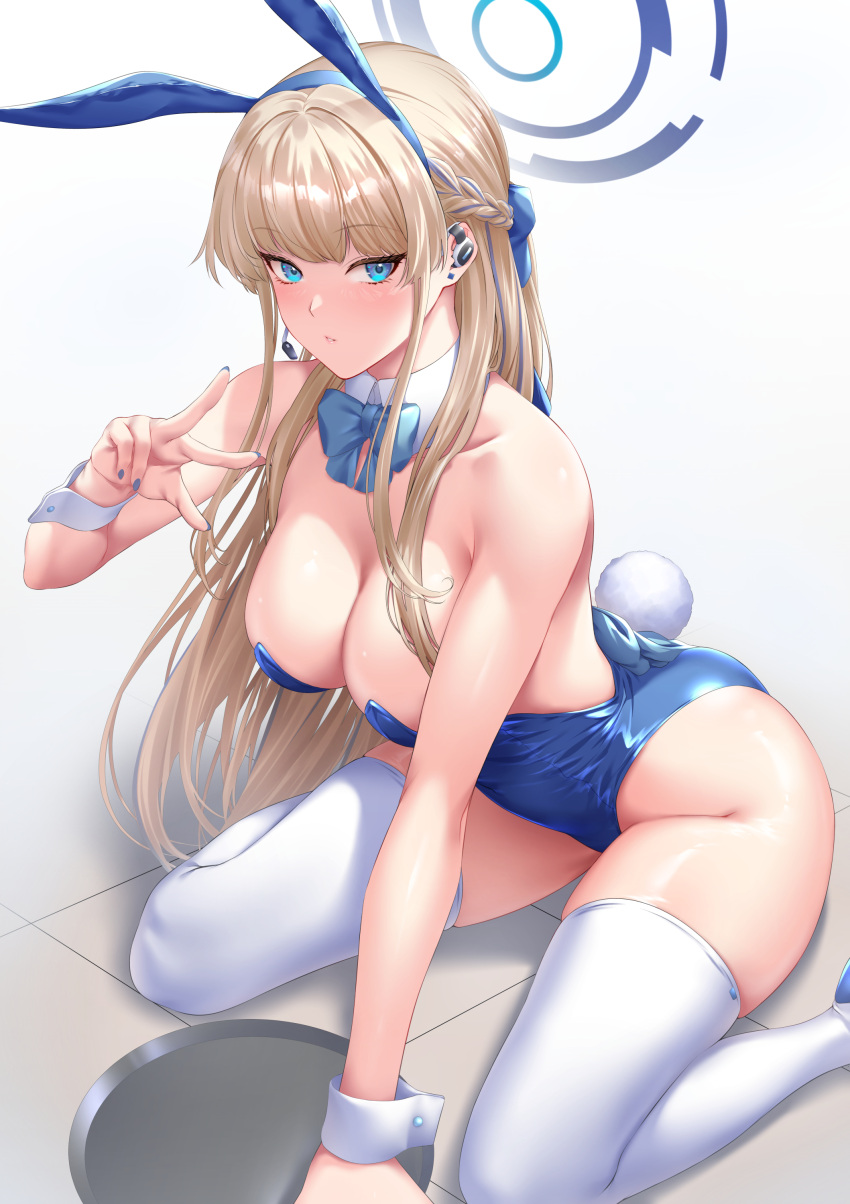 1girl absurdres animal_ears bare_shoulders blonde_hair blue_archive blue_eyes blue_leotard breasts cleavage detached_collar earpiece fake_animal_ears fake_tail hair_ribbon halo highleg highleg_leotard highres large_breasts leotard long_hair looking_at_viewer official_alternate_costume playboy_bunny rabbit_ears rabbit_tail revision ribbon sitting solo strapless strapless_leotard tail thighhighs toki_(blue_archive) toki_(bunny)_(blue_archive) very_long_hair wariza white_thighhighs wrist_cuffs zucchini