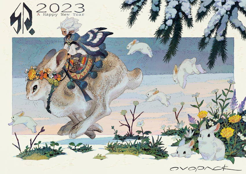 1girl 2023 animal butterfly_wings chinese_new_year chinese_zodiac dark_skin english_text flower fur_trim grass happy_new_year hare_(animal) head_wreath highres jumping mixed-language_commentary murayama_ryouta nature original outdoors oversized_animal pointy_ears rabbit riding saddle snow white_hair wings winter_clothes