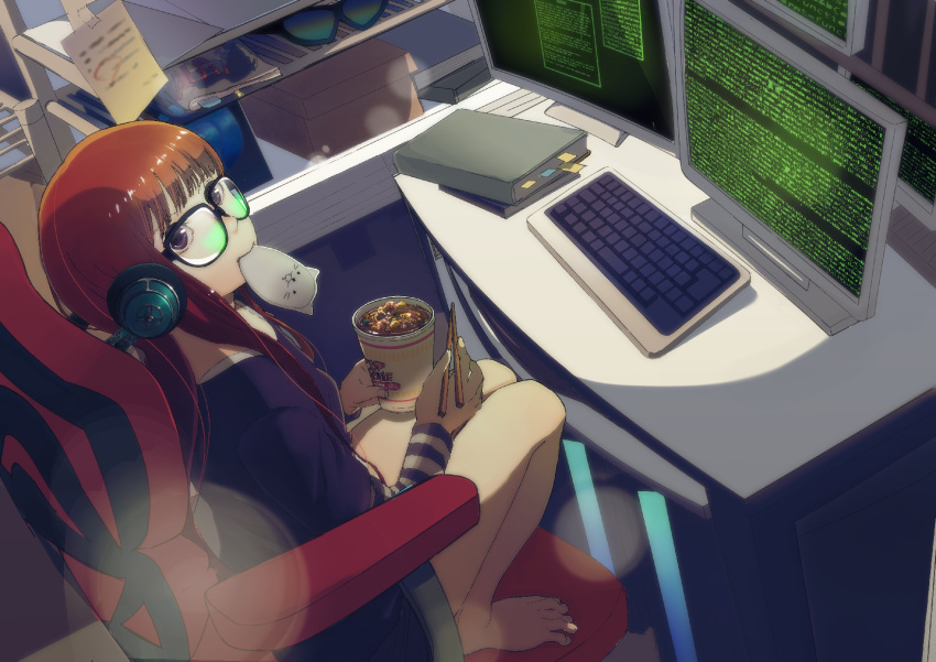 1girl at_computer book brown_eyes brown_hair chair chopsticks computer cup_ramen glasses headphones highres holding holding_chopsticks keyboard_(computer) lens_flare long_hair mouth_hold persona persona_5 sakura_futaba sitting solo sunglasses takuko