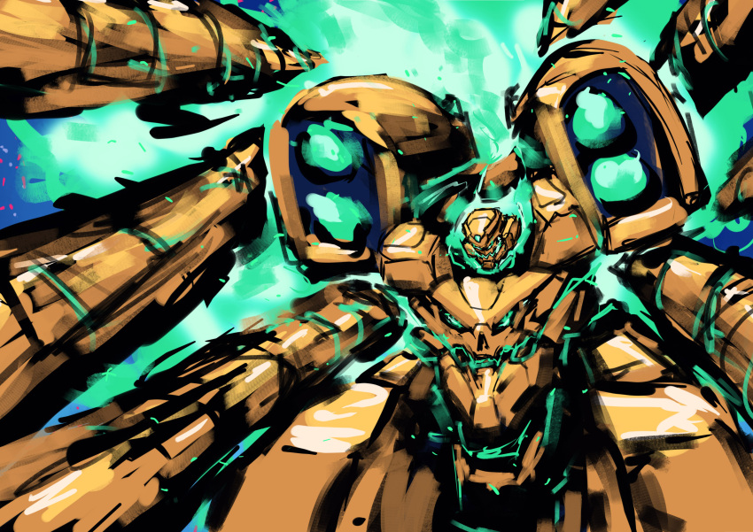 absurdres extra_arms getter_rays getter_robo glowing glowing_eyes green_eyes grotesquerampag highres mecha mecha_focus no_humans parody robot shin_getter-3 shin_getter_robo style_parody super_robot tagme tengen_toppa_gurren_lagann