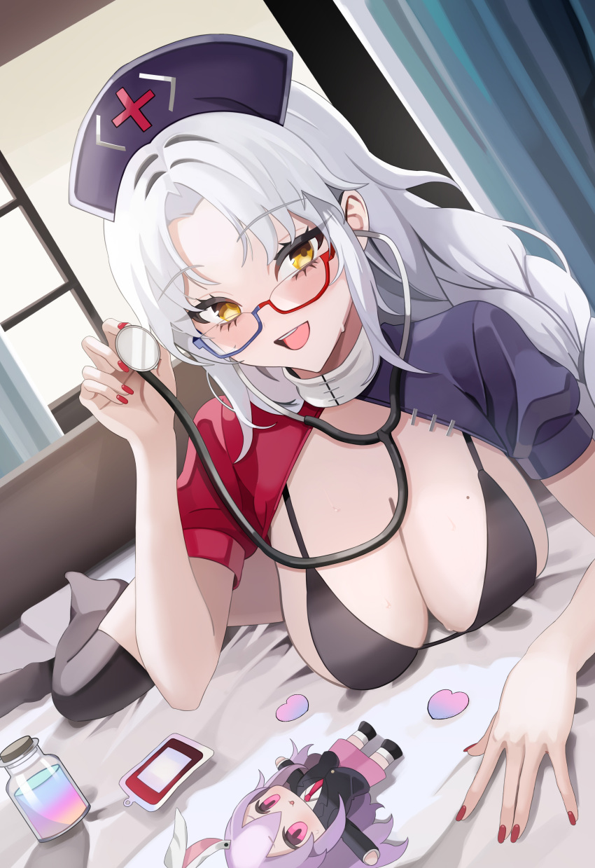 1girl absurdres bespectacled bikini black_bikini blue_headwear blush braid breasts character_doll cleavage glasses grey_hair hat highres holding holding_stethoscope indoors large_breasts long_hair looking_at_viewer nurse_cap open_mouth oshimai puffy_short_sleeves puffy_sleeves reisen_udongein_inaba short_sleeves single_braid smile solo stethoscope swimsuit touhou two-tone_dress window yagokoro_eirin yellow_eyes