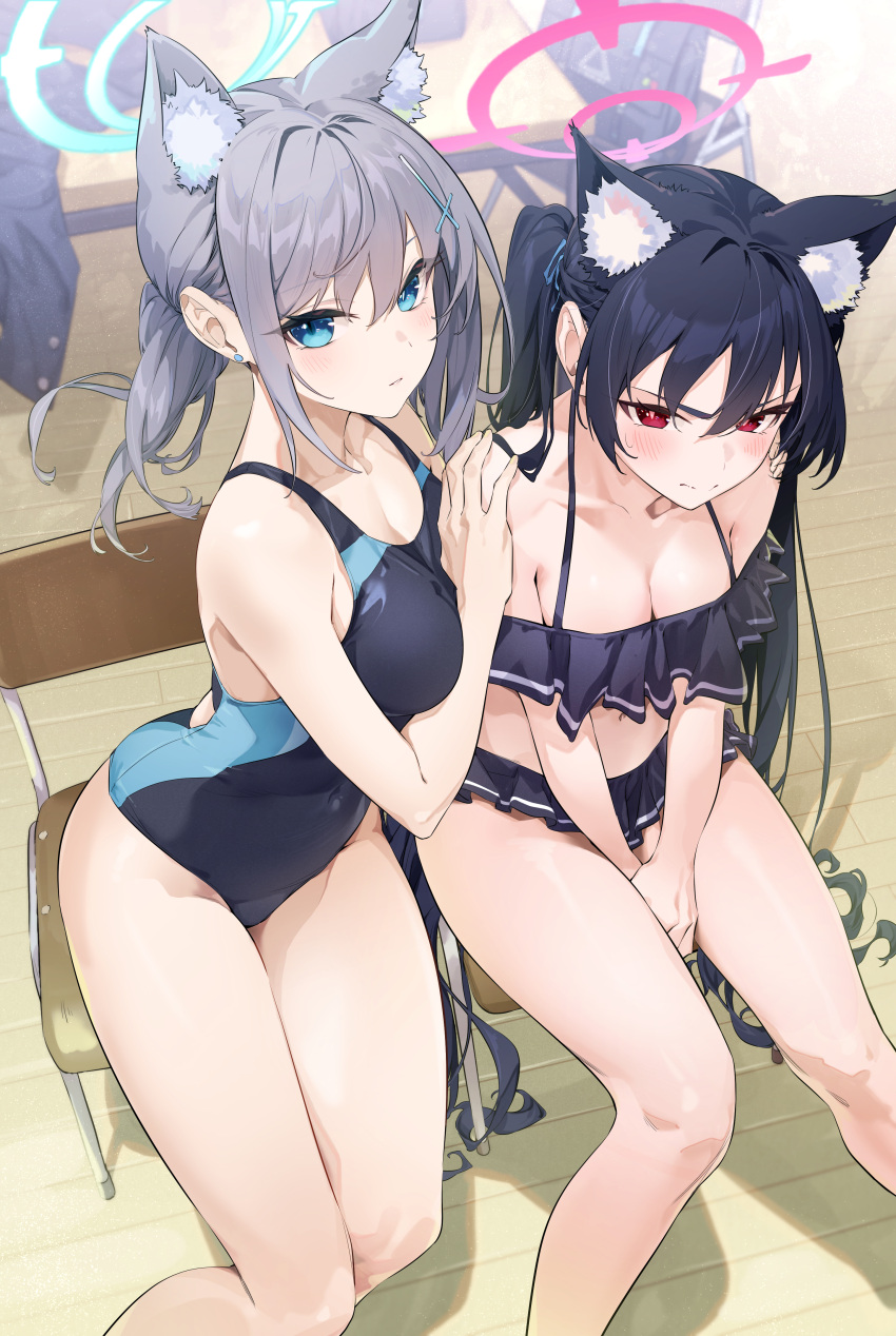 2girls absurdres animal_ear_fluff animal_ears bikini bikini_skirt black_hair blue_archive blue_eyes blush breasts chair closed_mouth desk frilled_bikini frills grey_hair halo highres jjjsss medium_breasts multiple_girls official_alternate_costume one-piece_swimsuit ponytail red_eyes serika_(blue_archive) serika_(swimsuit)_(blue_archive) shiroko_(blue_archive) shiroko_(swimsuit)_(blue_archive) sitting small_breasts swimsuit thighs twintails v-shaped_eyebrows wolf_ears wolf_girl