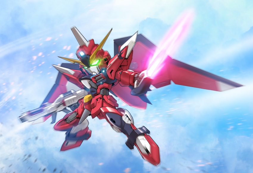 absurdres beam_rifle beam_saber chibi cloud cloudy_sky dual_wielding energy_gun flying full_body glowing glowing_eyes green_eyes gun gundam gundam_seed gundam_seed_freedom highres holding holding_gun holding_sword holding_weapon immortal_justice_gundam legs_apart looking_at_viewer making-of_available mecha mechanical_wings mobile_suit no_humans robot science_fiction sd_gundam sky solo sword v-fin weapon wings zakuma