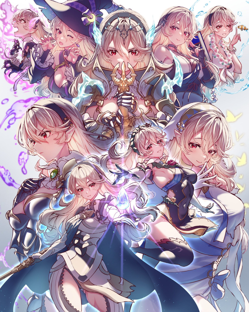 1girl armor armored_leotard ass_visible_through_thighs bare_shoulders bikini black_hairband black_panties blue_cape blush breasts cape cleavage closed_mouth corrin_(female)_(adrift)_(fire_emblem) corrin_(female)_(fire_emblem) corrin_(female)_(halloween)_(fire_emblem) corrin_(female)_(ninja)_(fire_emblem) corrin_(female)_(resplendent)_(fire_emblem) corrin_(female)_(summer)_(fire_emblem) corrin_(fire_emblem) covered_navel dress elbow_gloves expressions fingerless_gloves fire_emblem fire_emblem_fates fire_emblem_heroes flower gloves hair_between_eyes hair_flower hair_ornament hairband halloween_costume happy hat highres holding holding_sword holding_weapon japanese_clothes karashino long_hair looking_at_viewer medium_breasts multiple_views ninja official_alternate_costume open_mouth panties pointy_ears red_eyes see-through serious short_dress sleeveless sleeveless_dress smile swimsuit sword thighhighs thighs thorns underwear weapon white_hair witch witch_hat yato_(fire_emblem)