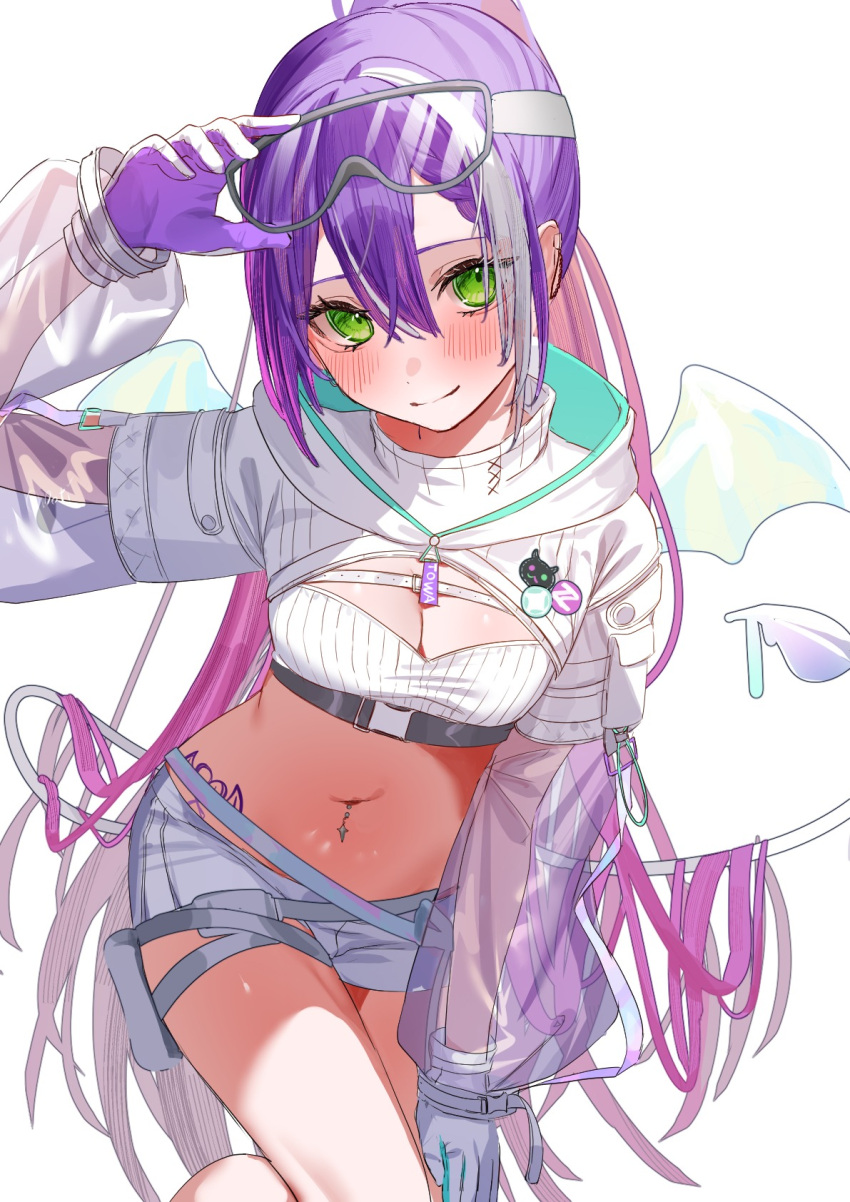 1girl adjusting_eyewear bandeau blush braid breasts cleavage demon_tail demon_wings gloves goggles goggles_on_head green_eyes green_gloves hand_on_eyewear heart heart_tattoo highres hololive hood hood_down hooded_shrug long_hair long_sleeves looking_at_viewer medium_breasts midriff multicolored_hair navel navel_piercing piercing pink_hair purple_gloves purple_hair see-through see-through_sleeves short_shorts shorts shrug_(clothing) smile solo strapless streaked_hair tail takeno_omoti tattoo tokoyami_towa tokoyami_towa_(5th_costume) tube_top two-sided_gloves virtual_youtuber white_background white_bandeau white_gloves white_hair white_shorts white_shrug white_tube_top winged_heart_tattoo wings zipper zipper_pull_tab