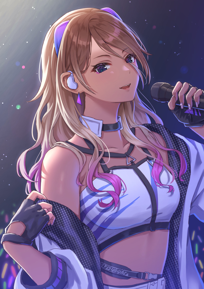 1girl absurdres black_choker black_eyes black_gloves blurry blurry_background blush breasts brown_hair choker collarbone cropped_shirt dark-skinned_female dark_skin earrings fingerless_gloves gloves glowstick gradient_hair gyaru hands_up headset highres holding holding_microphone idolmaster idolmaster_shiny_colors indoors izumi_mei jacket jewelry large_breasts long_hair long_sleeves looking_at_viewer microphone midriff multicolored_hair pink_hair shirt simoumi_217 single_bare_shoulder single_off_shoulder sleeveless sleeveless_shirt smile solo stage stage_lights tan white_jacket white_shirt