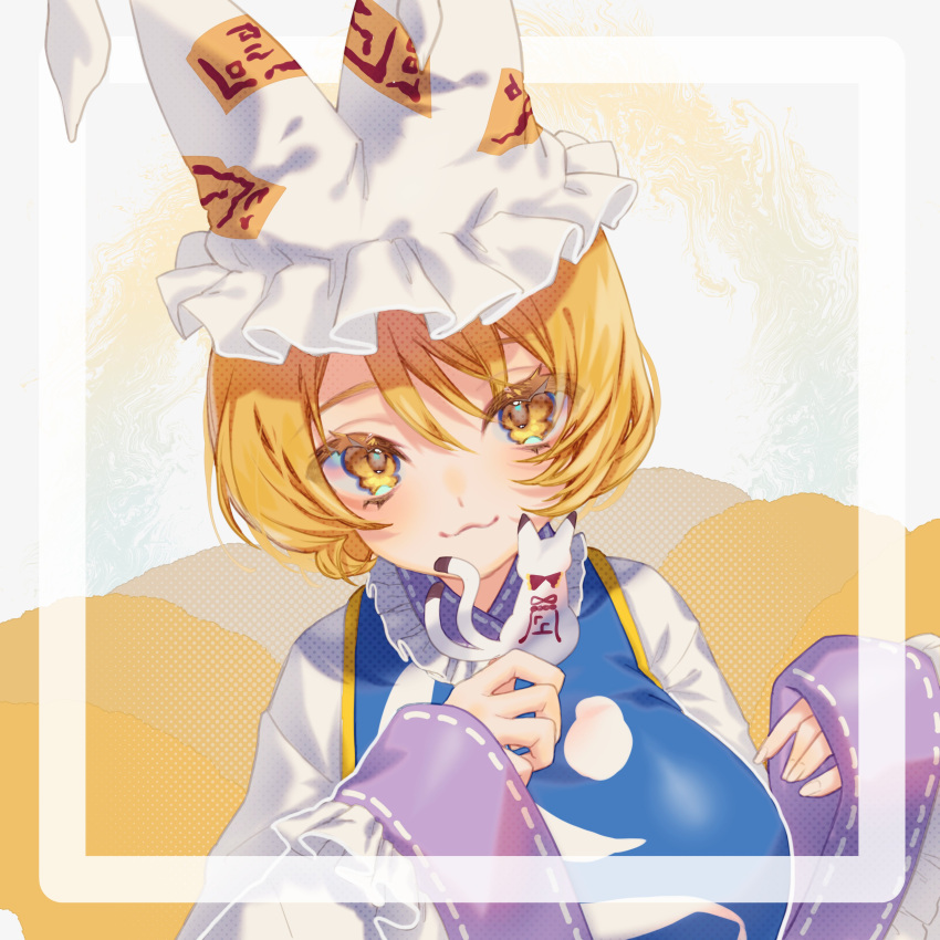 1girl absurdres animal_ears blonde_hair closed_mouth commentary dress fox_ears fox_tail hat highres long_sleeves mob_cap mokokiyo_(asaddr) multiple_tails short_hair smile solo symbol-only_commentary tabard tail touhou upper_body white_dress white_headwear wide_sleeves yakumo_ran yellow_eyes