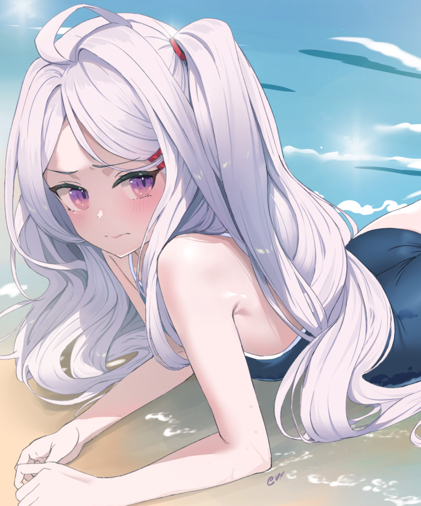 1girl ahoge arm_rest beach blue_archive blue_one-piece_swimsuit blush ev_(dai00888) grey_hair highres hina_(blue_archive) hina_(swimsuit)_(blue_archive) looking_at_viewer lying official_alternate_costume on_stomach one-piece_swimsuit one_side_up purple_eyes school_swimsuit signature solo swimsuit upper_body