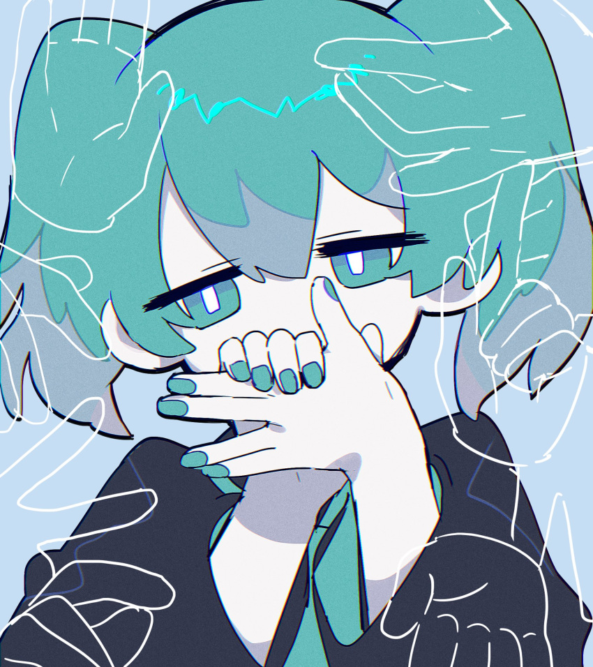 1girl aqua_eyes aqua_hair aqua_nails aqua_necktie black_shirt bright_pupils colored_skin covered_mouth disembodied_limb dog_shadow_puppet grey_background grey_skin half-closed_eyes hana_ni_kaze_(vocaloid) hands_up hatsune_miku head_tilt highres limited_palette long_sleeves looking_at_viewer necktie shirt short_hair sign_language simple_background solo transparent_limb twintails uenomigi upper_body vocaloid white_pupils