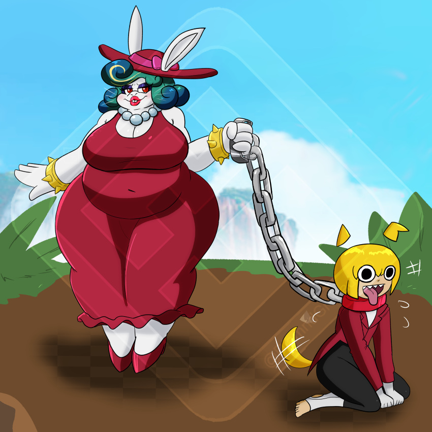 absurd_res ambiguous_gender anthro big_breasts breasts broodal chain_chomp chubby_female diamond_grenadier eyeshadow female green_hair hair hi_res humanoid lagomorph leash leporid lipstick madame_broode makeup mammal mario_bros nintendo rabbit red_eyes red_lipstick super_mario_odyssey thick_thighs white_body zero_pictured