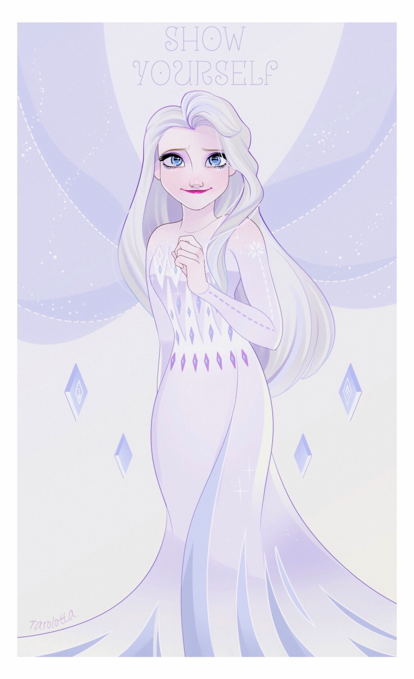 1girl artist_name blue_eyes commentary_request crystal dress elsa_(frozen) english_text frozen_(disney) highres long_dress pink_lips signature smile solo tarolotta white_dress white_hair