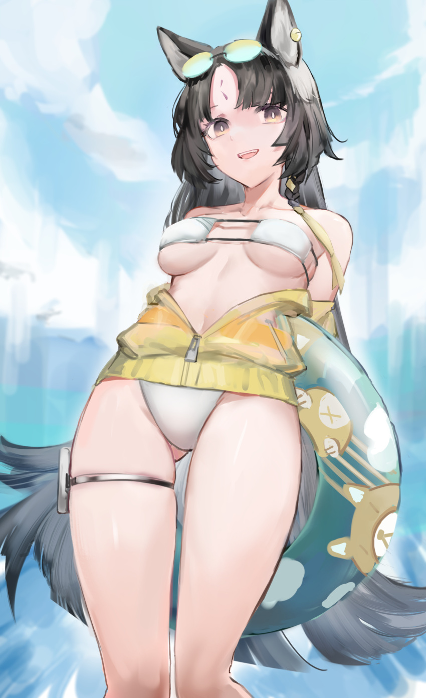 1girl :d animal_ears arknights arms_behind_back ass_visible_through_thighs bare_shoulders bikini black_hair blush braid breasts dog_ears dog_girl eyewear_on_head from_below gnai groin happy highres holding holding_innertube holster innertube jacket jacket_pull leaning_back long_hair looking_at_viewer medium_breasts midriff navel off_shoulder outdoors partially_unzipped saga_(arknights) single_braid skindentation slit_pupils smile solo strapless strapless_bikini sunglasses swimsuit thigh_holster thigh_strap thighs underboob very_long_hair white_bikini yellow_eyes yellow_jacket