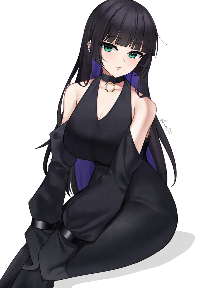 1girl absurdres bare_shoulders black_choker black_dress black_hair blunt_bangs bocchi_the_rock! breasts chin_piercing choker cleavage colored_inner_hair detached_sleeves dress ear_piercing green_eyes highres large_breasts multicolored_hair nassss pa-san parted_lips piercing purple_hair simple_background sitting sleeves_past_wrists solo two-tone_hair white_background