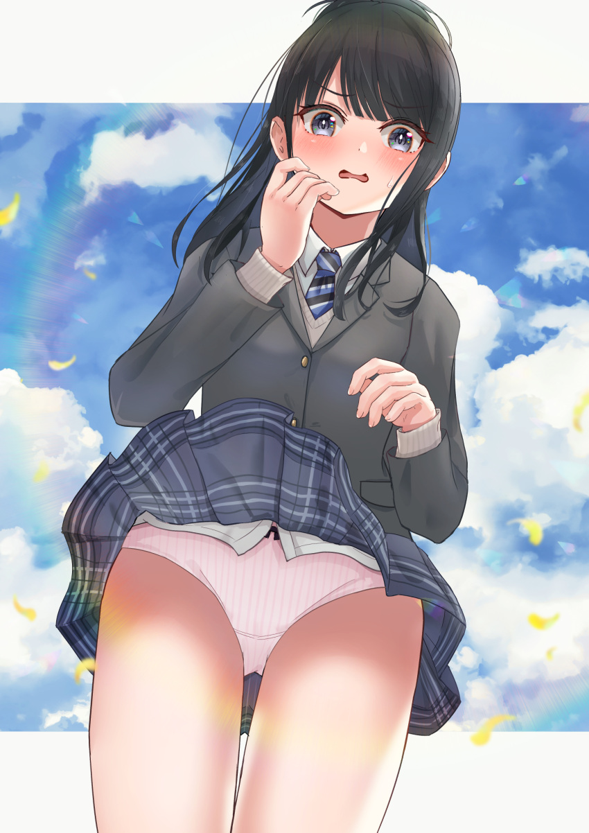 1girl accidental_pervert black_eyes black_hair blush bow bow_panties breasts clothes_lift cloud collared_shirt d: from_below furrowed_brow grey_jacket hand_to_own_mouth highres idolmaster idolmaster_shiny_colors jacket kazano_hiori lakuha_(dwtk2424) light_blush long_hair long_sleeves looking_at_viewer medium_breasts necktie open_mouth outdoors panties pantyshot petals pleated_skirt school_uniform shirt skirt skirt_lift sky solo standing striped_necktie sweatdrop swept_bangs underwear unlikely_accident upskirt wardrobe_malfunction wavy_mouth white_panties white_shirt wind wind_lift