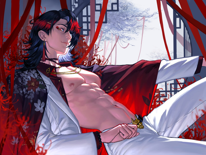 1boy black_hair dengqiaochu1 earrings eyeliner from_side hair_over_one_eye highres jewelry long_hair looking_at_viewer makeup male_focus multicolored_hair necklace nijisanji nijisanji_en nipples open_clothes open_shirt red_hair sitting solo streaked_hair toned toned_male vox_akuma