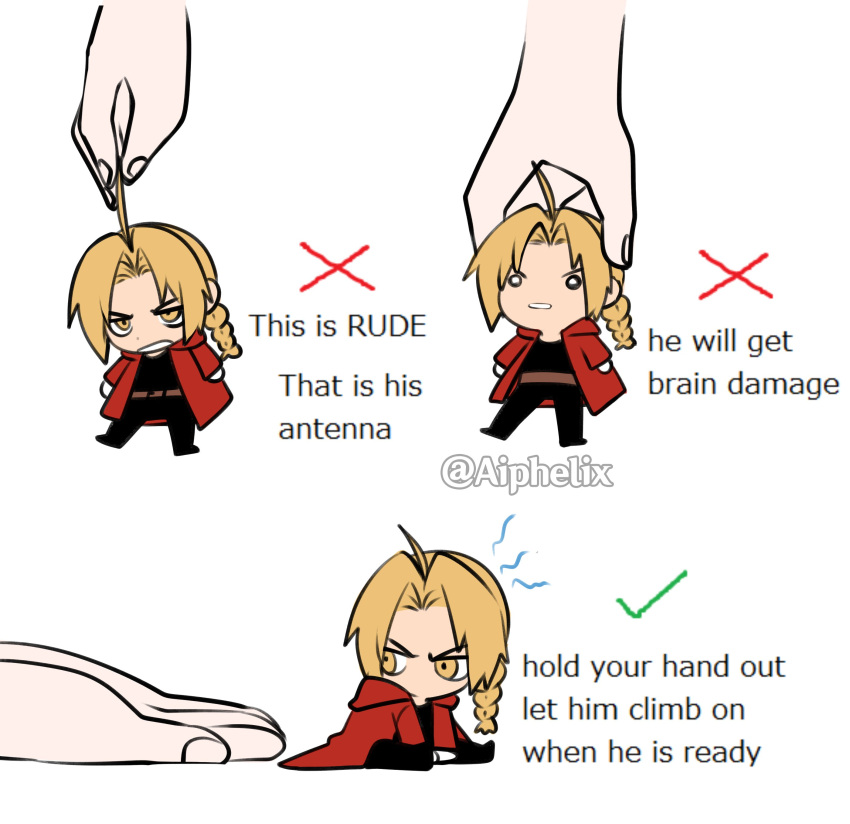 1boy absurdres aiphelix blonde_hair braid braided_ponytail checkmark chibi coat commentary disembodied_limb edward_elric english_commentary english_text fullmetal_alchemist highres how_to_hold_x_(meme) lifting_person long_hair looking_at_viewer male_focus meme mini_person miniboy red_coat simple_background squeezing x yellow_eyes