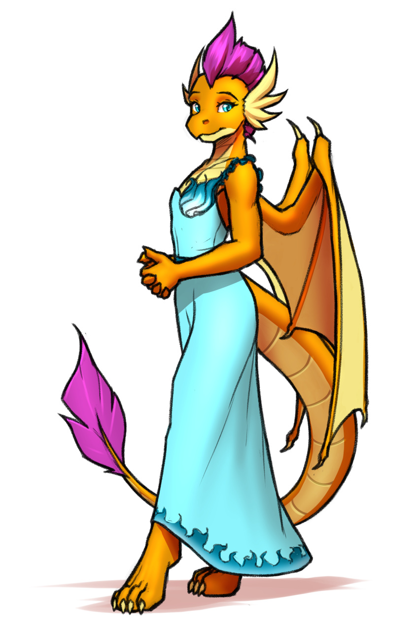 2023 absurd_res anthro blue_clothing blue_dress blue_eyes clothing dragon dress eyebrows eyelashes female friendship_is_magic hasbro hi_res horn looking_at_viewer my_little_pony mykegreywolf orange_body orange_scales scales scalie smolder_(mlp) solo tail tail_tuft tuft yellow_body yellow_scales