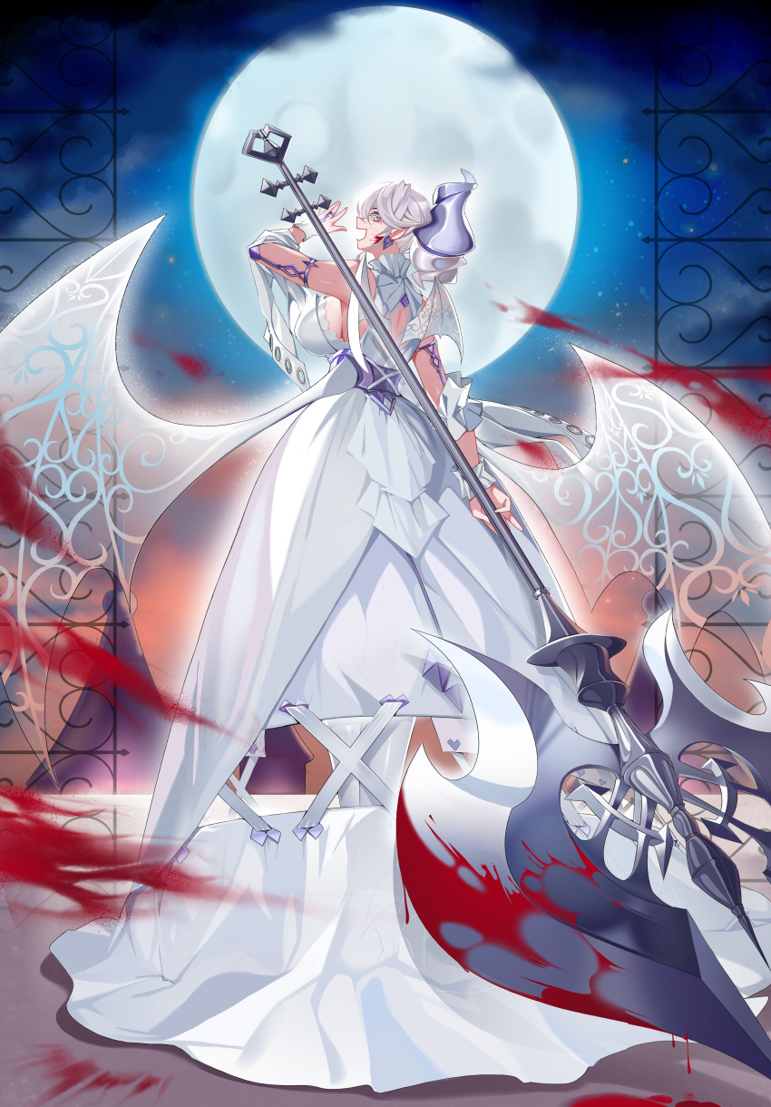 1girl absurdres blood blood_on_face blood_on_weapon breasts d.m._mo demon_girl demon_horns demon_wings dress duel_monster earrings full_body full_moon grey_eyes grey_hair highres holding holding_polearm holding_weapon horns jewelry large_breasts looking_at_viewer looking_back lovely_labrynth_of_the_silver_castle low_wings moon multiple_wings night night_sky ojou-sama_pose open_mouth pointy_ears polearm sideboob sky solo transparent_wings twintails weapon white_horns wings yu-gi-oh!