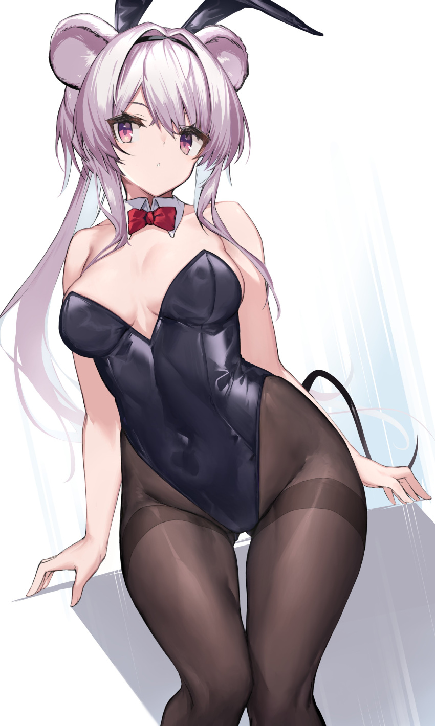 1girl absurdres alternate_costume animal_ears arknights bare_arms bare_shoulders black_leotard breasts brown_pantyhose covered_navel fake_animal_ears highres large_breasts leotard lin_(arknights) long_hair looking_at_viewer mouse_ears pantyhose playboy_bunny purple_eyes purple_hair rabbit_ears solo strapless strapless_leotard thighs very_long_hair yki