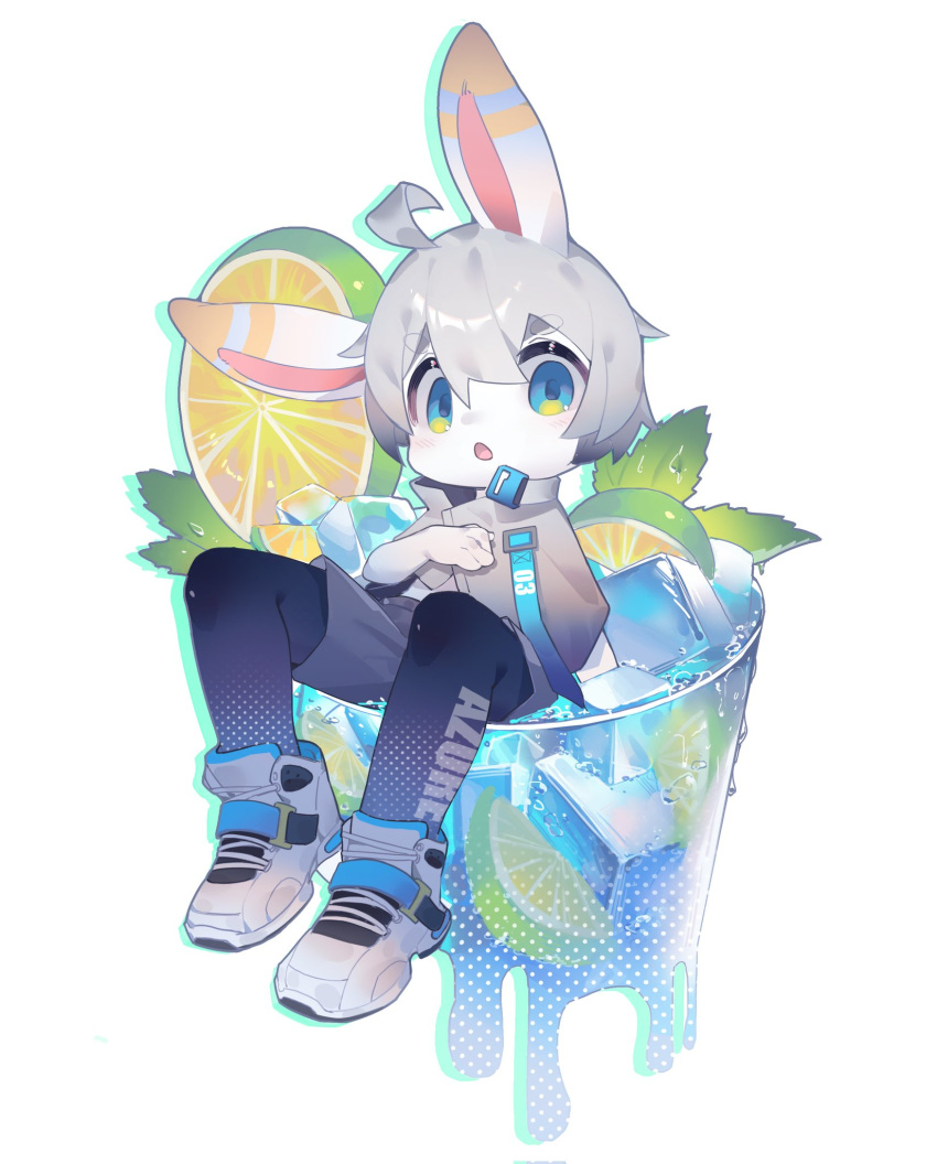 anthro beverage blue_clothing blue_eyes blue_legwear chibi clothed clothing emolga_1 footwear grey_clothing grey_hair grey_topwear hair hi_res lagomorph legwear leporid long_ears looking_at_viewer male mammal micro open_mouth rabbit shoes short_hair simple_background solo topwear white_background white_body white_clothing white_footwear white_shoes