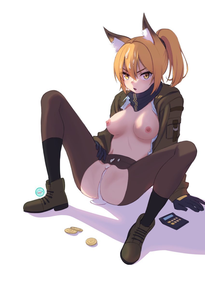 1girl after_sex after_vaginal animal_ear_fluff animal_ears black_gloves black_pantyhose black_scarf breasts breasts_out calculator coin cum cum_in_pussy cum_on_hair cumdrip fox_ears fox_girl girls'_frontline_neural_cloud gloves green_footwear green_jacket hair_between_eyes highres jacket long_hair long_sleeves looking_at_viewer medium_breasts nipples no_bra open_clothes open_jacket open_shirt orange_hair pantyhose ponytail riko_(girls'_frontline_nc) scarf shadow simple_background solo tetra_(djrs8858) torn_clothes torn_pantyhose v-shaped_eyebrows white_background yellow_eyes