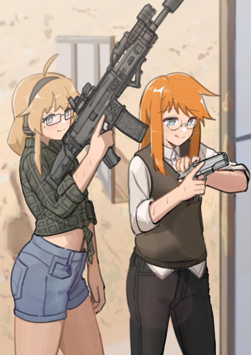 2girls absurdres ahoge black-framed_eyewear black_pants blue_eyes blue_shorts blush brown_hair character_request closed_mouth collared_shirt commentary commission denim denim_shorts dress_shirt ear_protection english_commentary glasses green_shirt gugyun_(gugyun_00) gun handgun highres holding holding_gun holding_weapon long_hair long_sleeves midriff_peek mole mole_under_eye multiple_girls orange_hair original pants plaid plaid_shirt shirt short_shorts shorts smile standing sweater_vest tied_shirt tongue tongue_out weapon weapon_request whiskey_project white_shirt