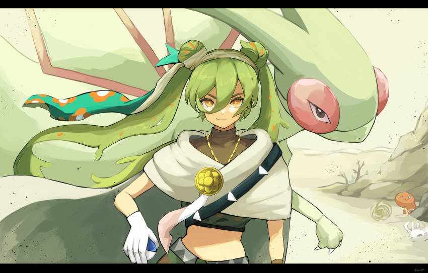 1girl absurdres belt brown_shirt cloak closed_mouth commentary_request crossover desert double_bun eyelashes floating_hair flygon gloves great_ball green_hair ha01ru28 hair_between_eyes hair_bun hair_ribbon hatsune_miku highres holding holding_poke_ball long_hair looking_at_viewer outdoors pants poke_ball pokemon pokemon_(creature) ribbon sand shirt smile trapinch twintails vocaloid white_gloves yellow_eyes