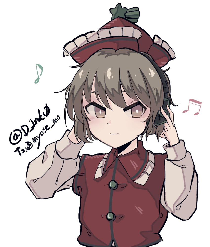 1girl bright_pupils brown_hair closed_mouth commentary d_ink0 english_commentary frilled_hat frills hat hat_ornament headphones highres long_sleeves lyrica_prismriver red_headwear short_hair simple_background smile solo star_(symbol) star_hat_ornament touhou twitter_username upper_body white_background white_pupils