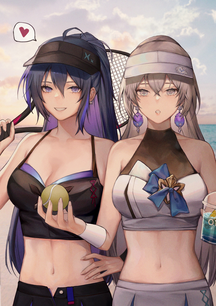 2girls absurdres adapted_costume ahoge ball bare_arms bare_shoulders blue_sky breasts bronya_rand camisole cleavage collaboration collarbone commentary_request crop_top cup day disposable_cup earrings grey_eyes grey_hair grin heart highres holding holding_ball honkai:_star_rail honkai_(series) jewelry long_hair looking_at_viewer matcha_202 midriff multiple_girls navel open_fly outdoors parted_lips purple_eyes purple_hair racket seele_(honkai:_star_rail) shirt sidelocks sky sleeveless sleeveless_shirt smile spaghetti_strap spoken_heart stomach tennis_ball tennis_racket upper_body very_long_hair visor_cap water ying_haram