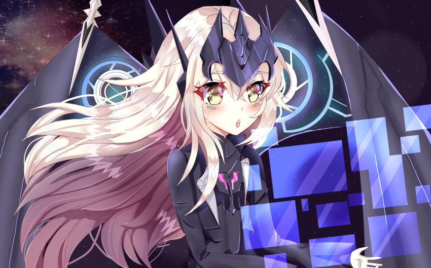 armor black_jacket code:_ultimate_(elsword) crown elsword energy eve_(elsword) facial_mark gloves highres hologram holographic_interface jacket long_hair mechanical_ears mechanical_wings night night_sky open_mouth reaching sky sparkle sparkling_eyes spikes star_(sky) teeth upper_body upper_teeth_only vividsweets white_gloves white_hair wings yellow_eyes