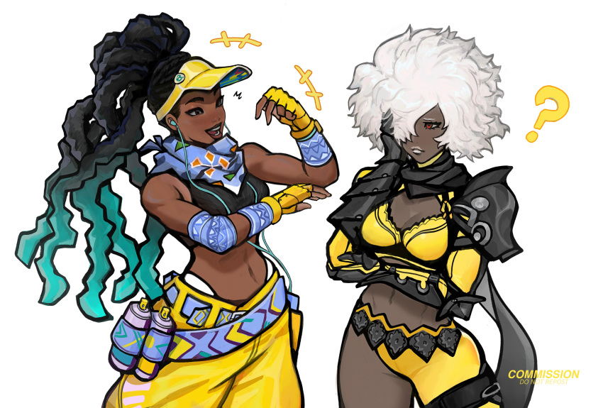 2girls ? absurdres afro alternate_color alternate_costume arm_armor armor baggy_pants bandana_around_neck bare_shoulders belly belt black_hair black_shirt blue_hair blue_scarf bra breasts cleavage colored_tips commission crop_top crossover dark-skinned_female dark_skin dreadlocks earbuds earphones fingerless_gloves gloves hand_on_own_face happy highres kimberly_jackson long_hair midriff multicolored_hair multiple_girls navel no_more_heroes official_alternate_color one_eye_covered pants peter_chai red_eyes scarf shinobu_jacobs shirt shoulder_armor simple_background smile spray_can street_fighter street_fighter_6 two-tone_hair underwear white_background white_hair yellow_headwear yellow_pants