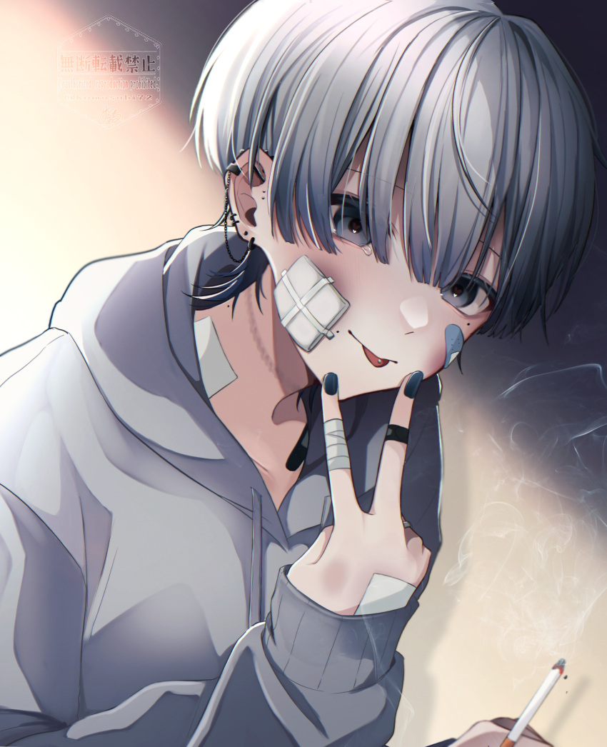 1boy bandaged_fingers bandages bandaid bandaid_on_chest bandaid_on_face black_hair black_nails cigarette ear_piercing earrings grey_eyes grey_hair highres holding holding_cigarette jewelry komusubi_moru lip_piercing male_focus mole mole_under_eye mole_under_mouth multicolored_hair original piercing ring solo tongue tongue_out white_hair