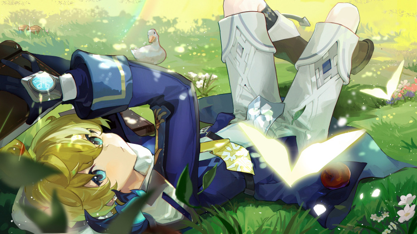 1boy absurdres apple aqua_eyes bird black_gloves blonde_hair blue_jacket book boots brown_footwear closed_mouth duck flower food fruit genshin_impact gloves grass hair_between_eyes highres holding holding_book jacket leaf long_sleeves looking_at_viewer lying male_focus mika_(genshin_impact) multicolored_hair necktie on_back on_ground open_book outdoors red_hair shorts solo sparkle vision_(genshin_impact) white_flower wumumu yellow_necktie