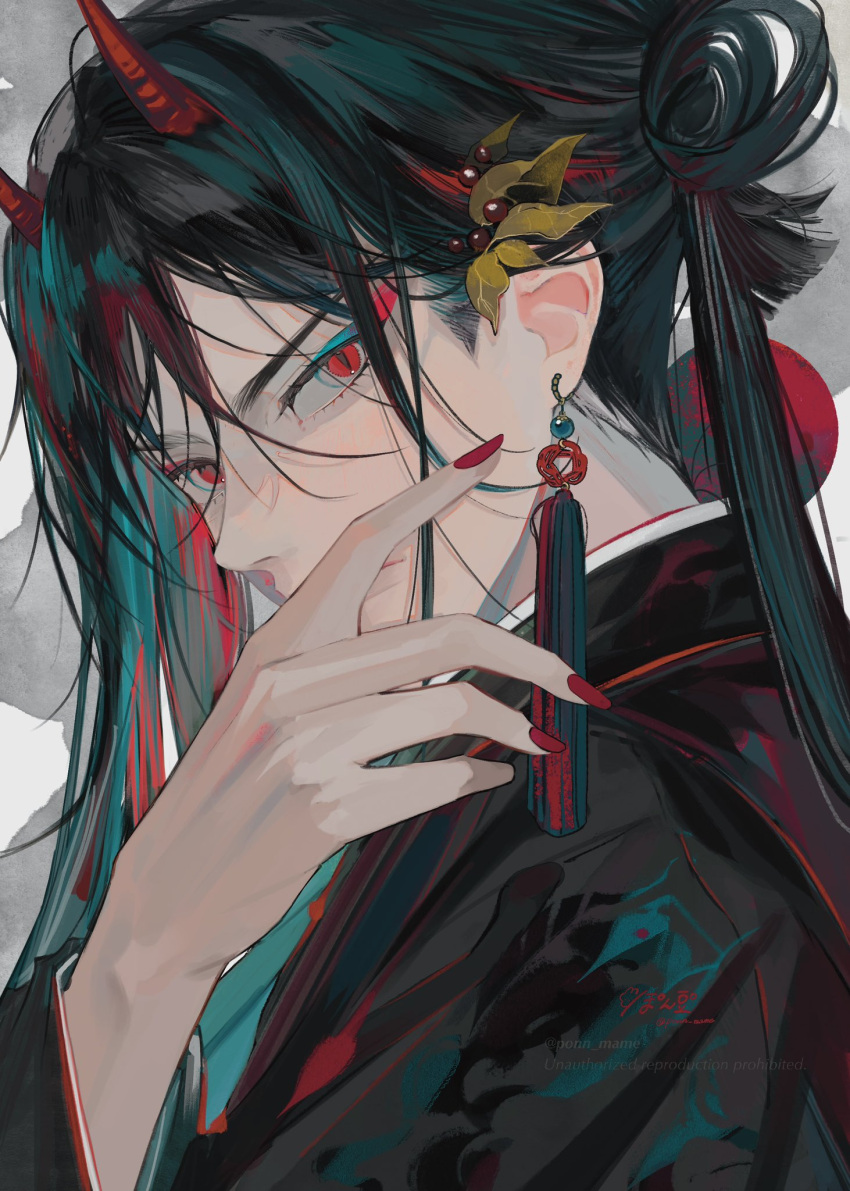 1boy black_hair commentary_request earrings eyeshadow green_eyeshadow green_hair hair_ornament hand_on_own_face highres horns japanese_clothes jewelry long_hair looking_at_viewer makeup male_focus multicolored_hair oni_horns original ponn_mame red_eyes red_eyeshadow red_nails solo upper_body