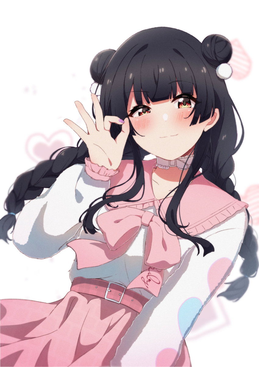 1girl absurdres belt black_hair blunt_bangs blush bow braid brown_eyes choker closed_mouth double_bun frilled_choker frilled_sleeves frills hair_bun highres idolmaster idolmaster_shiny_colors long_hair long_sleeves looking_at_viewer mayuzumi_fuyuko nail_polish ok_sign pink_belt pink_bow pink_nails pink_skirt reikakrzk skirt solo twin_braids twintails white_background