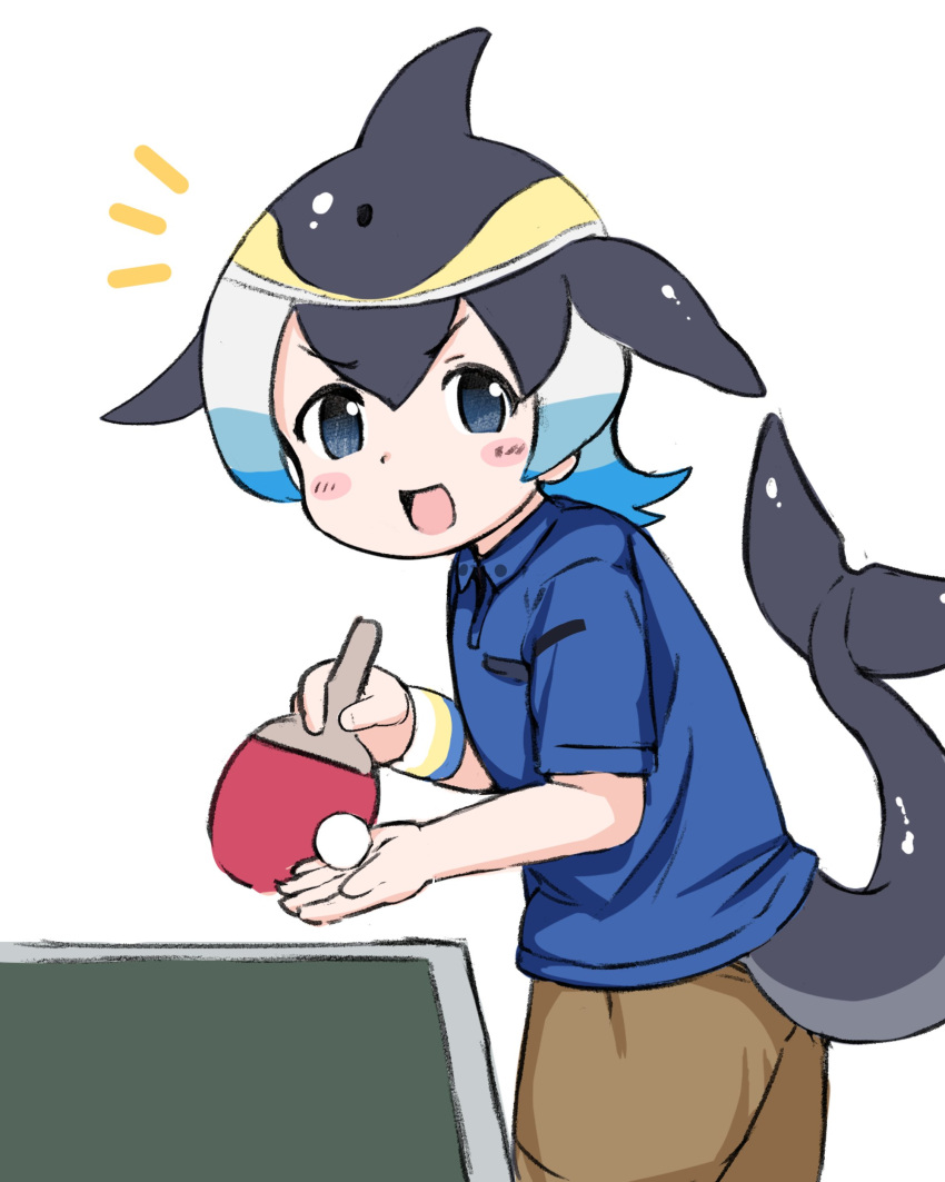 1girl absurdres akatsuki_no_guuru ball black_hair blonde_hair blowhole blue_eyes blue_hair blue_shirt blush_stickers brown_shorts cetacean_tail collared_shirt commentary common_dolphin_(kemono_friends) dolphin_girl dorsal_fin fins fish_tail head_fins highres holding holding_ball holding_paddle kemono_friends leaning_forward long_hair looking_at_viewer multicolored_hair official_alternate_costume open_mouth paddle parted_bangs shirt short_sleeves shorts simple_background smile solo sportswear symbol-only_commentary table_tennis table_tennis_ball table_tennis_paddle tail v-shaped_eyebrows white_background white_hair wing_collar