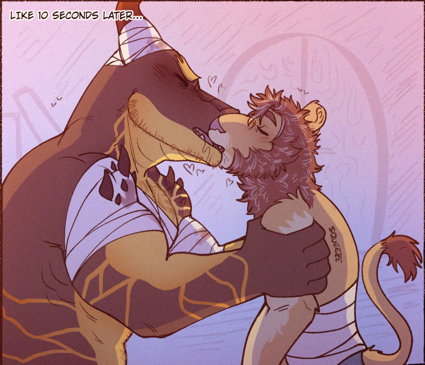 &lt;3 2021 anthro arm_spikes bandage bandaged_arm bandaged_belly bandaged_head blood_on_bandage blood_stain bodily_fluids brown_body brown_fur brown_mane brown_scales brown_spikes digital_media_(artwork) dragon drooling duo english_text eyes_closed felid fur hi_res horn kissing lion male male/male mammal mane onomatopoeia orion_(xeoniios) pantherine ryzz_(xeoniios) saliva scales scalie shoulder_grab shoulder_spikes sound_effects spikes spikes_(anatomy) tail tail_tuft tan_body tan_fur tan_scales text time_lapse tuft xeoniios