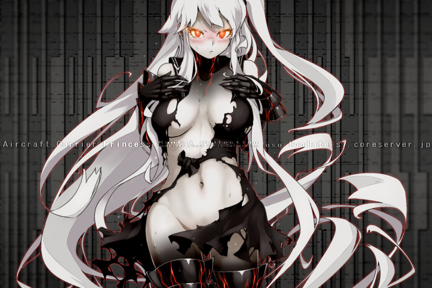 1girl abyssal_ship aircraft_carrier_princess armored_boots black_dress black_sailor_collar black_skin blush boots breasts character_name closed_mouth colored_skin copyright_name dress glowing glowing_eyes gradient_skin grey_skin highres kantai_collection large_breasts long_hair looking_at_viewer one_side_up oso_(toolate) pale_skin red_eyes sailor_collar simple_background solo sweat thigh_boots torn_clothes torn_dress very_long_hair web_address white_hair