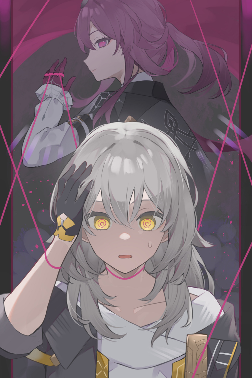 2girls @_@ black_gloves black_jacket commentary gloves grey_background grey_hair hand_on_own_head highres honkai:_star_rail honkai_(series) hood hooded_jacket hypnosis jacket jacket_on_shoulders kafka_(honkai:_star_rail) long_hair long_sleeves mind_control multiple_girls open_mouth pink_background ponytail purple_eyes purple_gloves purple_hair shirt short_sleeves spider_web_print stelle_(honkai:_star_rail) string string_around_neck sweat trailblazer_(honkai:_star_rail) two-tone_background upper_body white_shirt yellow_eyes younomiti