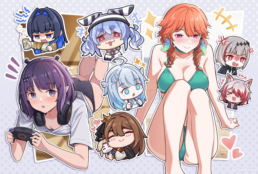 &gt;_&lt; +_+ 6+girls absurdres alcohol amatsuka_uto animal_ears ass beer bikini black_shorts blue_eyes blue_hair blush braid breasts bright_pupils brown_hair chibi closed_eyes colored_inner_hair crown dtto. earrings feather_earrings feathers fox_ears fox_girl green_bikini hair_ornament headphones headphones_around_neck heart highres hololive hololive_english indie_virtual_youtuber jewelry long_hair medium_hair mina_aoyama mini_crown multicolored_hair multiple_girls ninomae_ina'nis nuebunny ouro_kronii playing_games prison_clothes purple_eyes rabbit-shaped_pupils rabbit_ears rabbit_girl red_eyes red_hair scarz shirt shorts smile sparkle streaked_hair striped striped_shirt swimsuit symbol-shaped_pupils syusetu_kohaku takanashi_kiara twin_braids usada_pekora vee_(vtuber) virtual_youtuber white_hair white_shirt