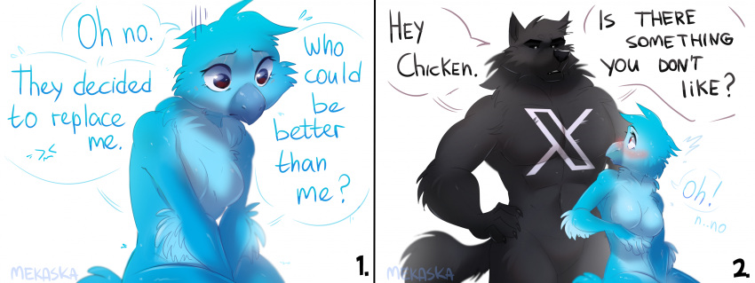 anthro avian beak bird black_body black_fur black_nose blush breasts canid canine canis dialogue duo english_text featureless_breasts featureless_crotch female fur hand_on_hip hi_res larger_male logo male male/female mammal mekaska meme muscular muscular_anthro muscular_male nude size_difference smaller_female text tweetfur twitter wolf x_(social_media) x_corporation