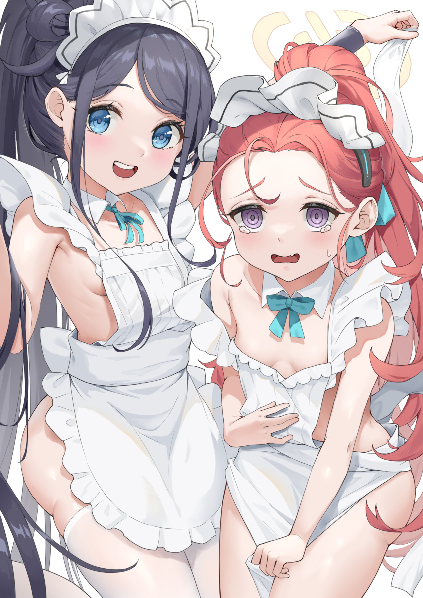 2girls :d absurdres alternate_costume apron aris_(blue_archive) aris_(maid)_(blue_archive) ass black_hair blue_archive blue_eyes blush bow breasts collarbone commentary_request detached_collar embarrassed enmaided frilled_apron frills hair_bow halo high_ponytail highres holding hongye_feixue long_hair looking_at_viewer maid maid_apron maid_headdress multiple_girls naked_apron open_mouth parted_bangs ponytail purple_eyes red_hair ribbon sidelocks small_breasts smile tearing_up very_long_hair white_apron white_background wrist_cuffs yuzu_(blue_archive) yuzu_(maid)_(blue_archive)