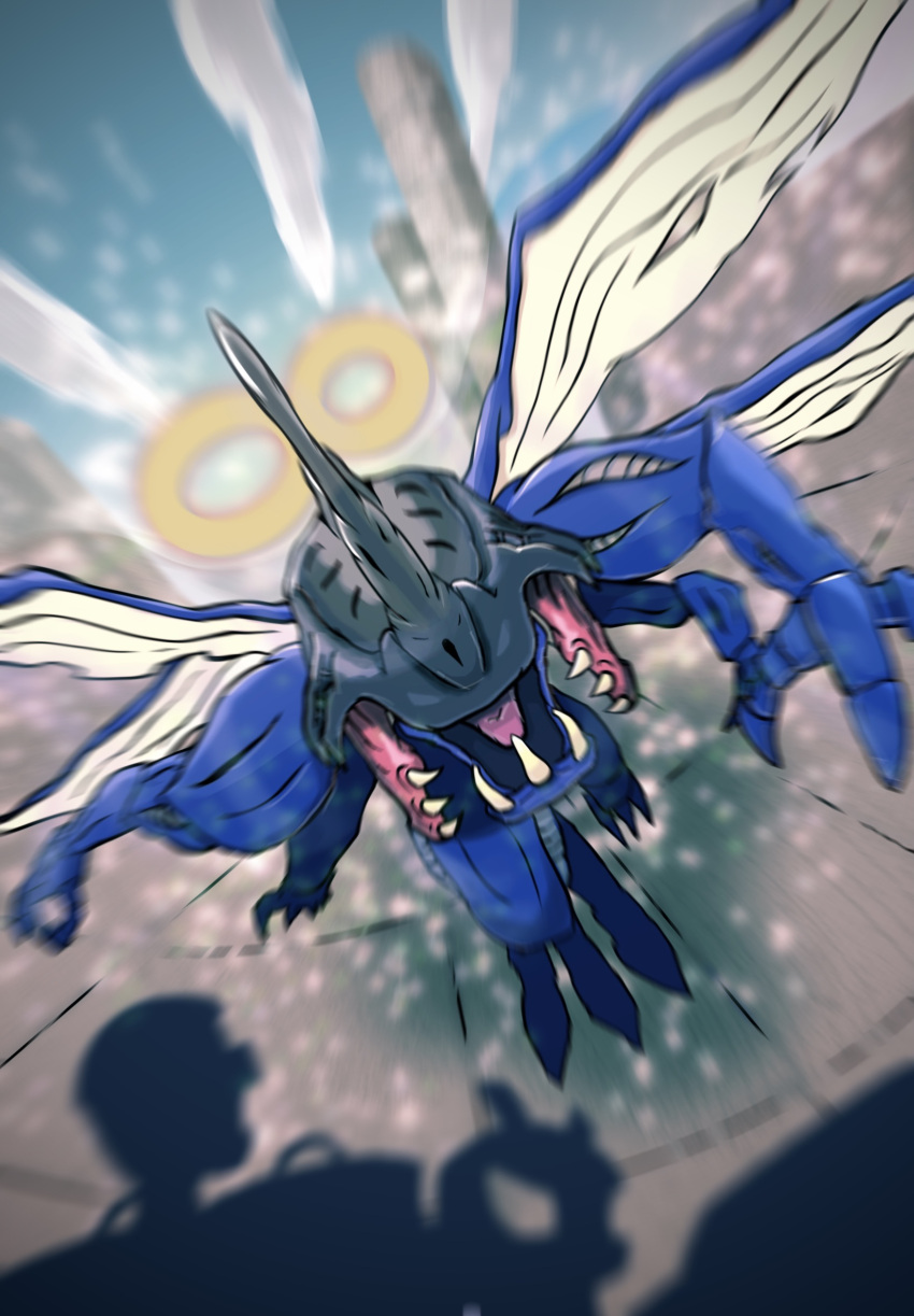 blurry blurry_background day derivative_work digimon digimon_adventure flying highres kabuterimon motion_blur no_humans open_mouth outdoors procreate_(medium) robbit_(raven20135086) screencap_redraw sharp_teeth solo teeth