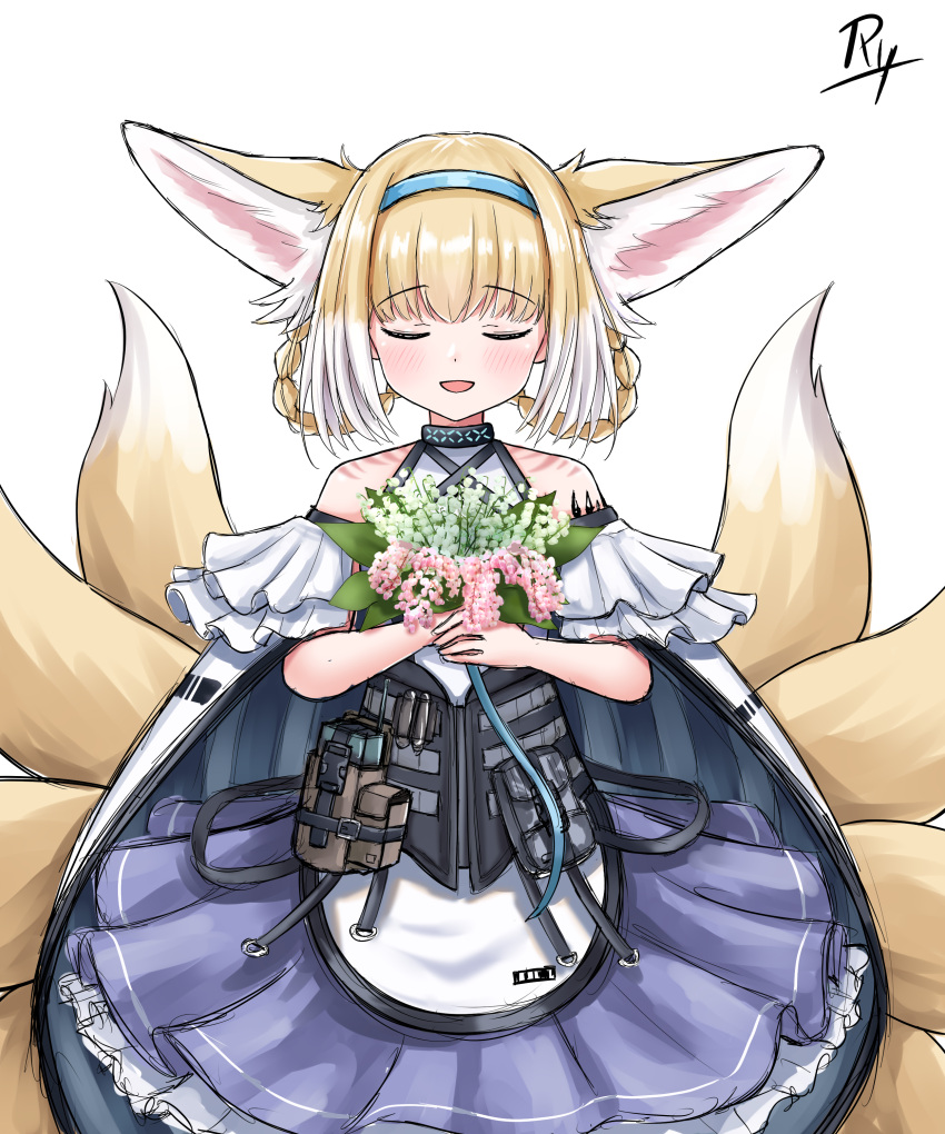 1girl :d absurdres animal_ear_fluff animal_ears apron arknights bare_shoulders blonde_hair blue_hairband blush bouquet braid closed_eyes commentary english_commentary facing_viewer flower fox_ears fox_girl fox_tail hair_rings hairband highres holding holding_bouquet kitsune lily_of_the_valley multicolored_hair name_connection object_namesake pink_flower pleated_skirt purple_skirt rylaera shirt signature simple_background skirt smile solo suzuran_(arknights) tail twin_braids two-tone_hair white_apron white_background white_flower white_hair white_shirt
