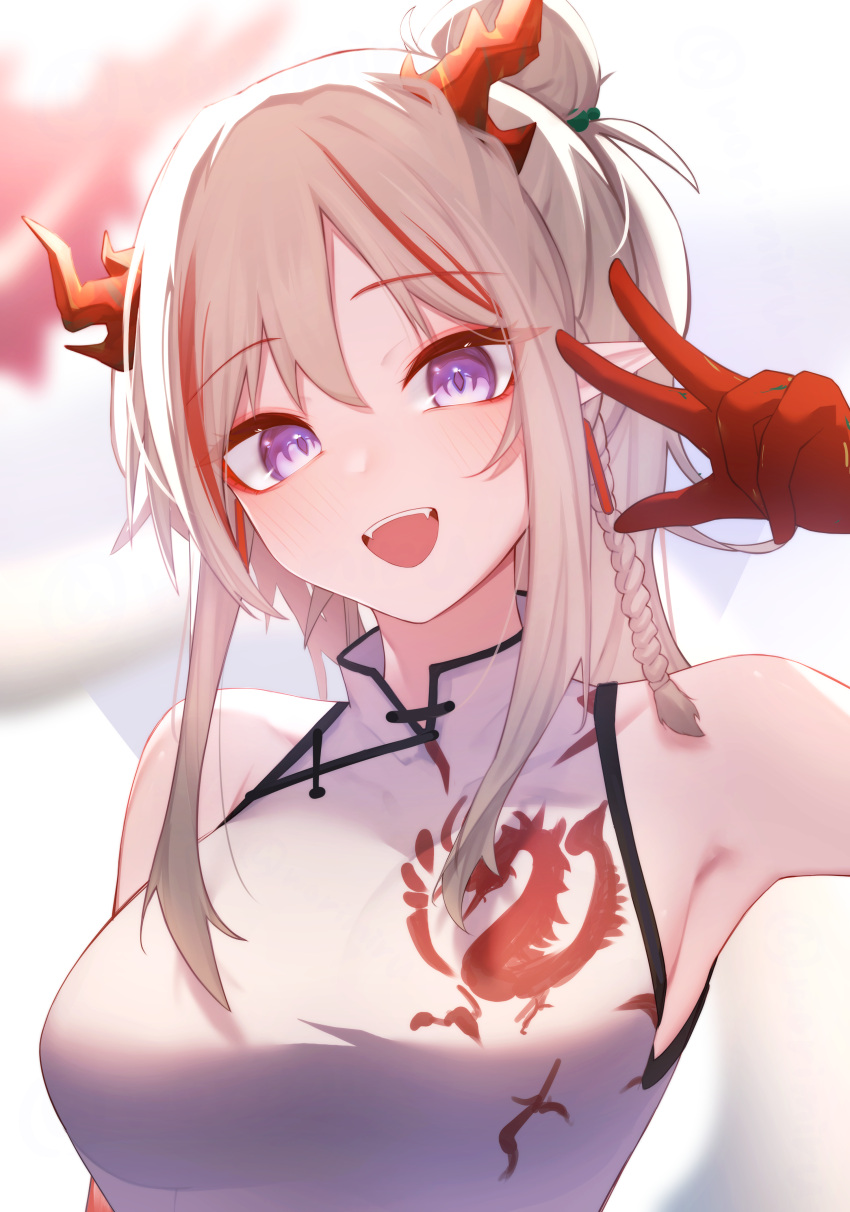 1girl :d absurdres arknights arm_up armpits bare_shoulders braid china_dress chinese_clothes commentary_request dragon_girl dragon_horns dress eyes_visible_through_hair grey_hair head_tilt high_collar highres horns light_blush long_hair looking_at_viewer multicolored_hair nian_(arknights) nian_(unfettered_freedom)_(arknights) official_alternate_costume open_mouth paid_reward_available partial_commentary pointy_ears ponytail purple_eyes red_hair red_horns side_braid sidelocks sleeveless sleeveless_dress smile solo streaked_hair teeth two-tone_hair upper_teeth_only w white_background white_dress worimehl