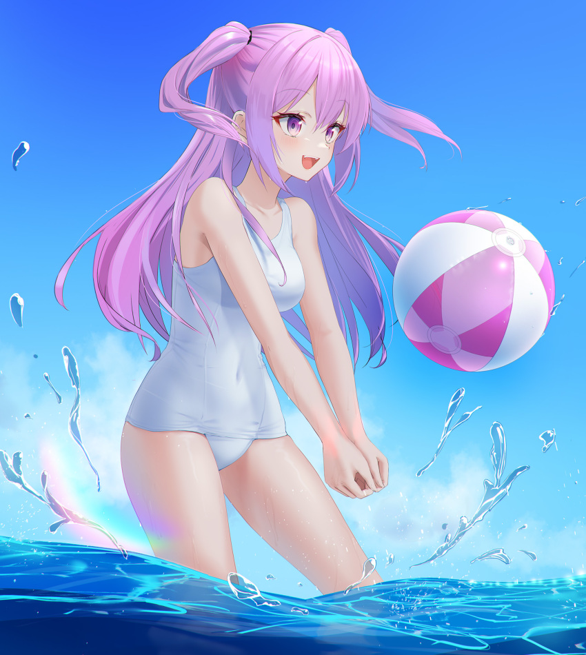 1girl :d ball bare_arms bare_shoulders beachball blue_sky breasts cloud covered_navel day feet_out_of_frame floating_hair hair_between_eyes highres long_hair looking_ahead medium_breasts one-piece_swimsuit open_mouth original outdoors own_hands_together pink_eyes pink_hair playing_sports rainbow sky smile solo splashing standing swimsuit syatihoko123 teeth two_side_up upper_teeth_only wading water white_one-piece_swimsuit