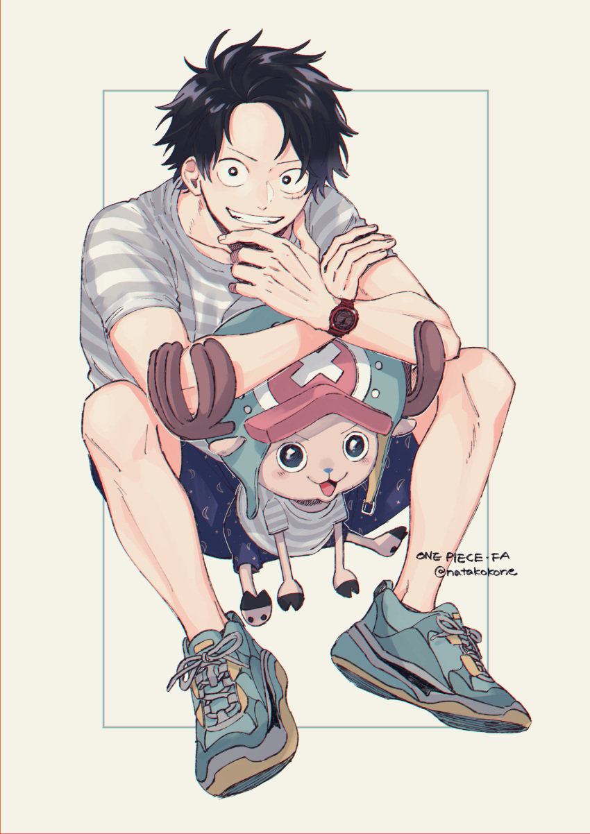 1boy 1other antlers black_eyes black_hair blue_nose bright_pupils commentary_request fingernails full_body hand_on_own_arm hand_on_own_face hat highres looking_at_viewer male_focus monkey_d._luffy nata_kokone one_piece open_mouth reindeer_antlers shirt shoelaces short_hair short_sleeves shorts sitting striped striped_shirt teeth tony_tony_chopper twitter_username watch white_pupils wristwatch