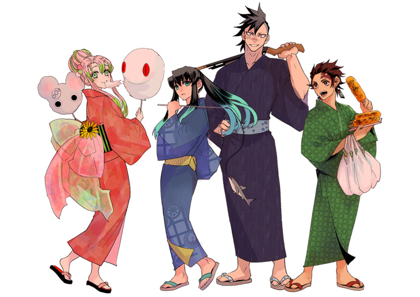 1girl 3boys alternate_costume alternate_hairstyle animal-themed_food aqua_eyes aqua_hair bag black_hair blue_kimono brown_hair carrying_over_shoulder corn_cob cotton_candy dango_hair_ornament earrings fishing_line fishing_rod flower food food-themed_hair_ornament food_art green_eyes green_hair green_kimono grin gun hair_bun hair_ornament hanafuda_earrings hand_on_own_hip hand_up highres holding holding_fishing_rod holding_food holding_gun holding_weapon japanese_clothes jewelry kaburamaru kagaya_(kagaya0915) kamado_tanjirou kanroji_mitsuri kimetsu_no_yaiba kimono long_hair long_sleeves looking_at_another looking_at_viewer looking_to_the_side mohawk mole mole_under_eye mouth_hold multicolored_hair multiple_boys ninju_(kimetsu_no_yaiba) obi open_mouth parted_lips pink_hair plastic_bag ponytail purple_kimono red_eyes red_hair red_kimono rifle sanpaku sash scar scar_on_face scar_on_forehead scar_on_nose see-through shark shinazugawa_genya short_hair sidelocks simple_background single_hair_bun smile standing standing_on_one_leg streaked_hair striped_sash summer_festival sunflower tokitou_muichirou two-tone_hair unmoving_pattern updo weapon white_background wide_sleeves yukata zouri