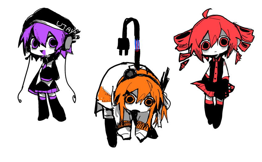 3girls a.i._voice adachi_rei ahoge bags_under_eyes bent_over beret black_footwear black_pantyhose black_skirt boots cable chibi collared_shirt colored_tongue detached_hair detached_sleeves drill_hair hair_ribbon hat headlamp headset highres jacket kasane_teto long_hair looking_at_viewer multiple_girls necktie nezumi030 one_side_up open_mouth orange_eyes orange_hair pantyhose pleated_skirt purple_eyes purple_hair purple_necktie purple_tongue radio_antenna red_eyes red_hair ribbon robot_ears shirt short_hair sidelocks simple_background skirt sleeves_past_fingers sleeves_past_wrists smile thigh_boots twin_drills utane_uta utau white_background white_jacket white_ribbon wide-eyed wire